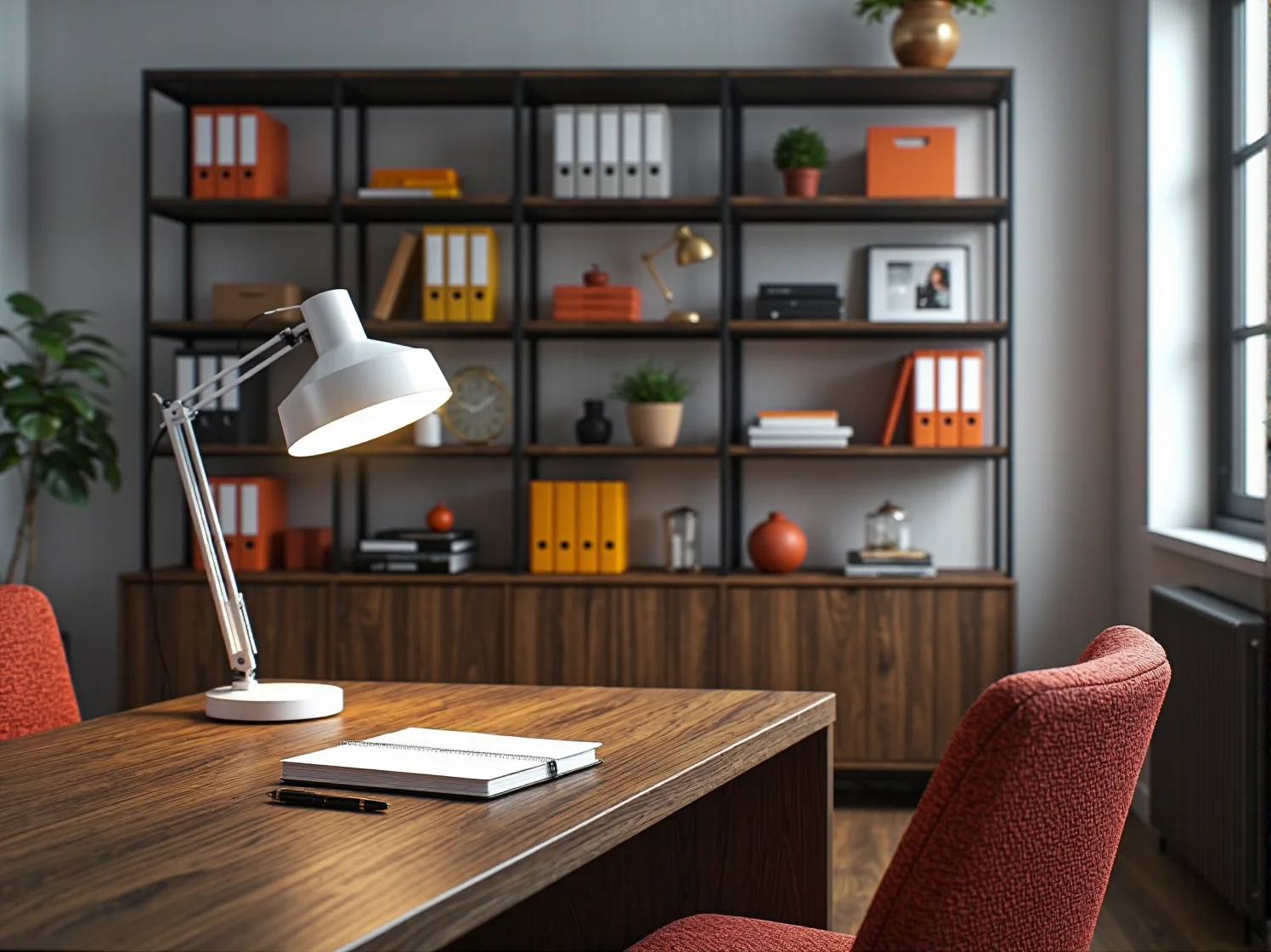 Solidny regał do gabinetu wykonany z trwałego drewna i metalu.