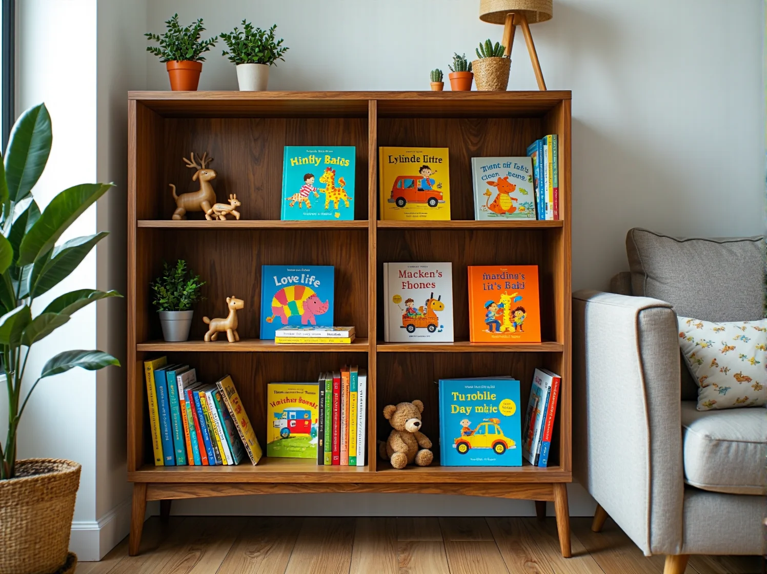 Sprytne półki ścienne na książki w małym pokoju dziecięcym pozwalające zaoszczędzić miejsce.