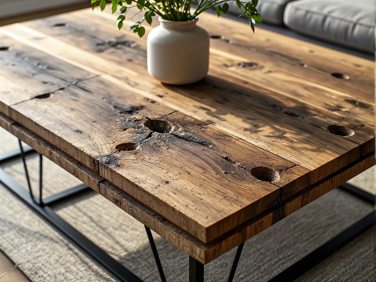 Nowoczesny stolik kawowy z drewna z odzysku i metalu w stylu industrialnym