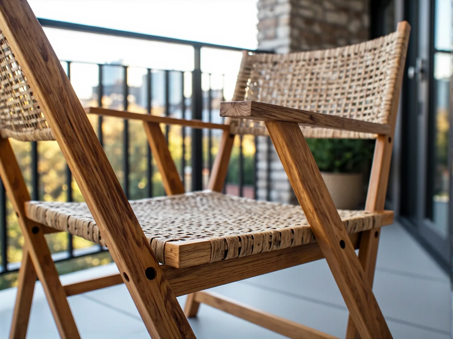 Wiszący fotel i mały stolik kawowy tworzące strefę relaksu na balkonie.