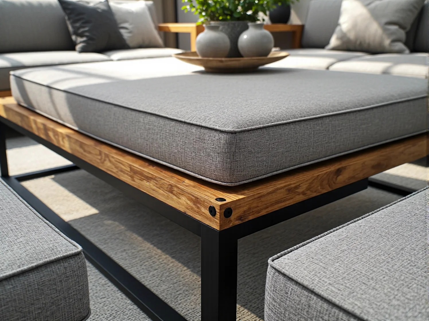 Modna sofa narożna w zaaranżowanej przestrzeni wypoczynkowej na dachu