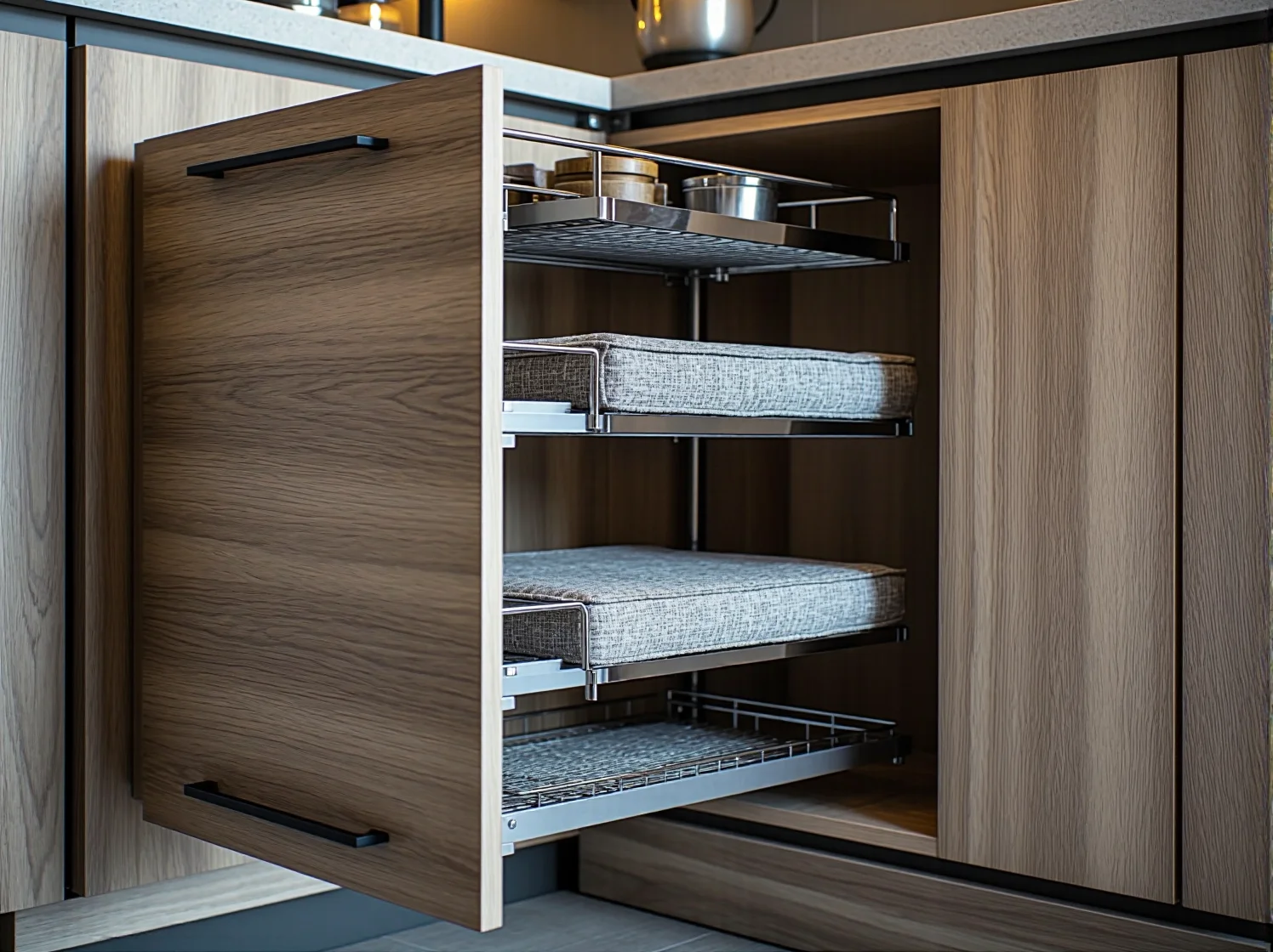 System wysuwany Magic Corner w dolnej szafce narożnej, idealny sposób na zagospodarowanie ślepego rogu.