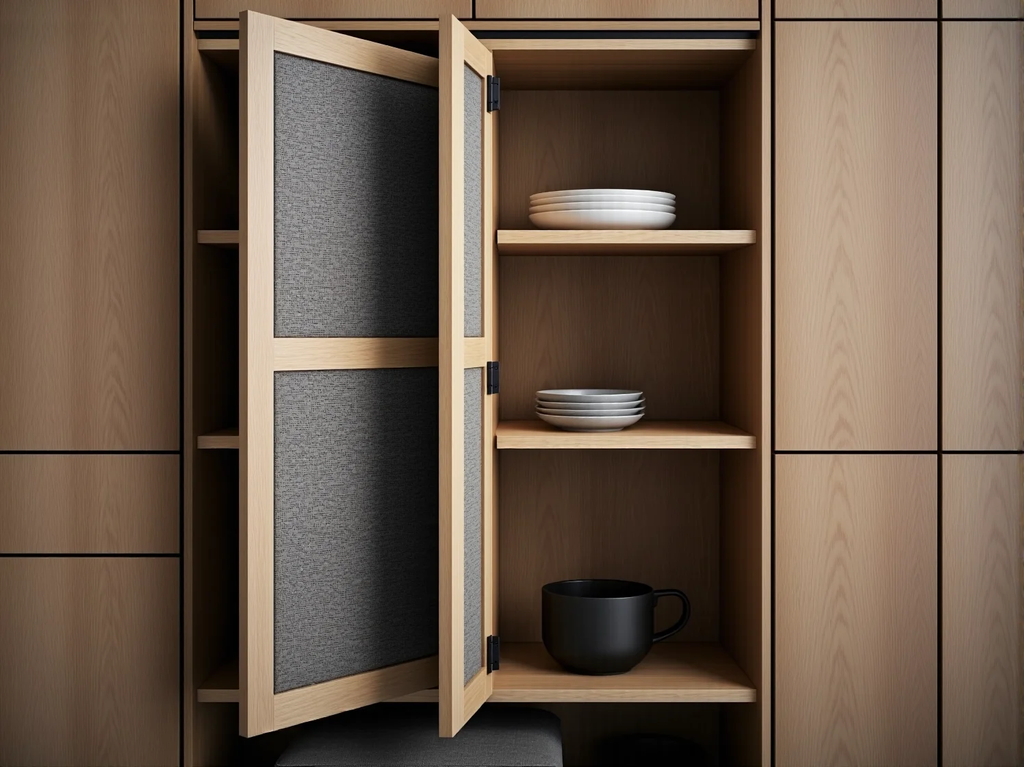 Szafka narożna w kształcie litery L z łamanymi drzwiczkami ułatwiająca organizację w małym pomieszczeniu.