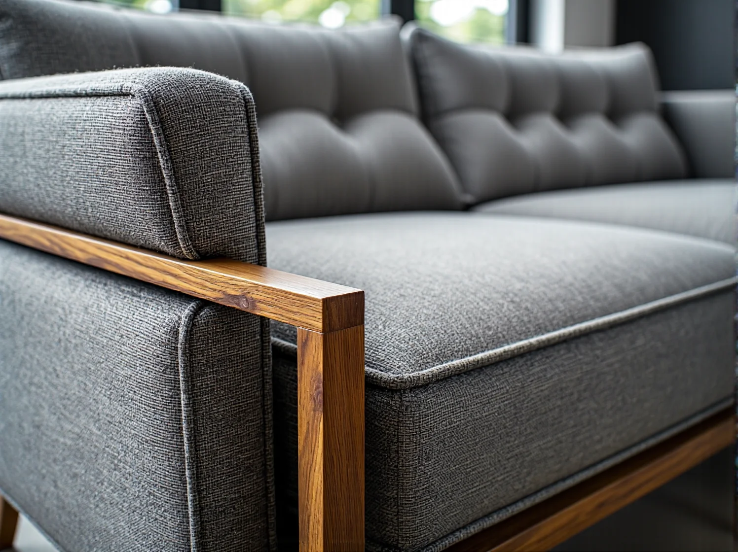 Przytulna szara sofa skandynawska na tle surowego betonu w industrialnym salonie.