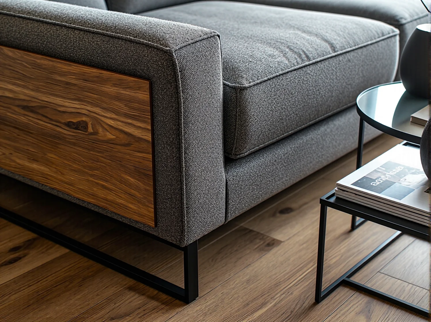 Szary narożnik w stylu modernistycznym w strefie relaksu dla pracowników