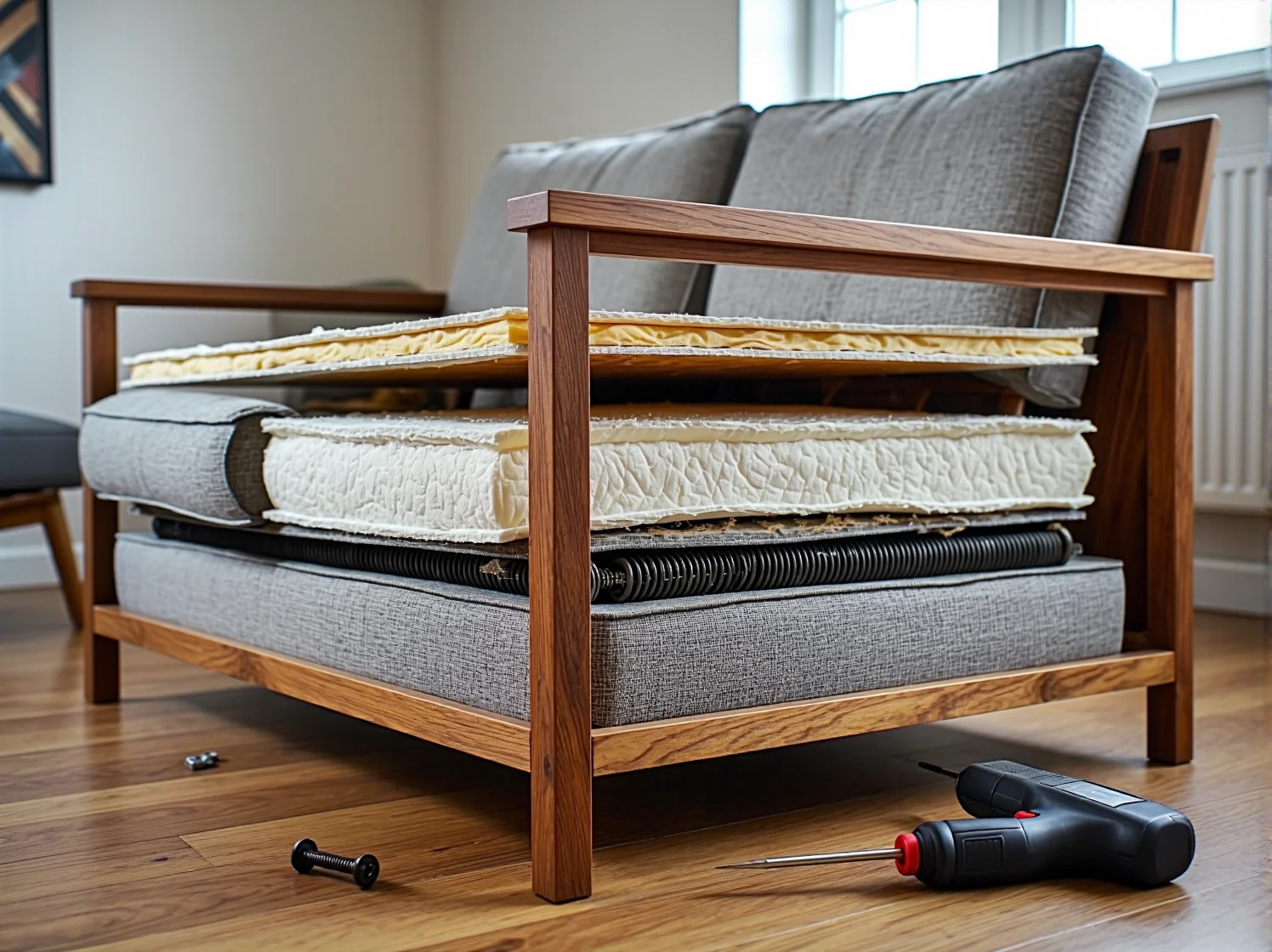 Szlifierka oscylacyjna usuwająca stary lakier z drewnianego stelaża fotela