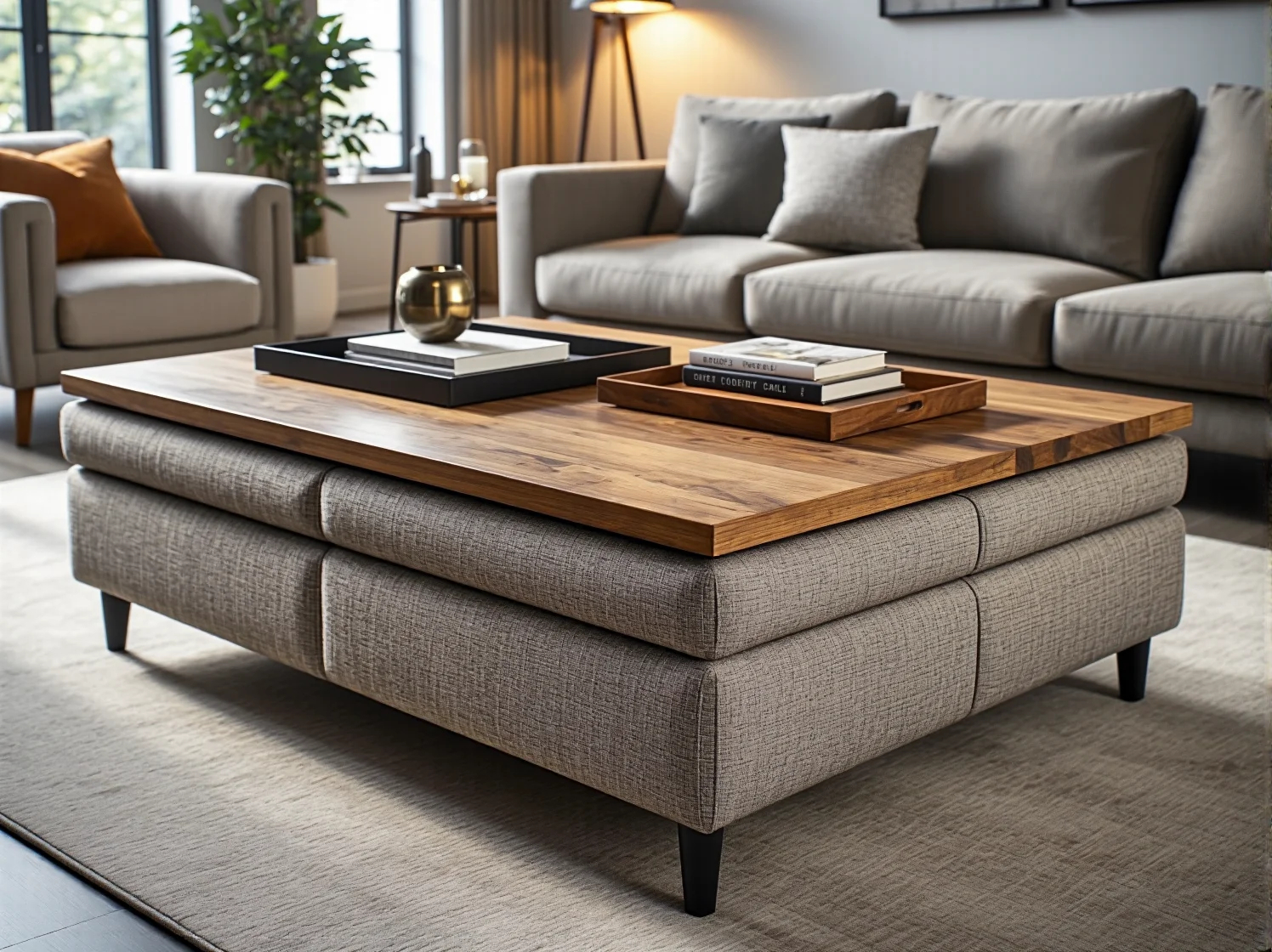 Przytulna sypialnia z łóżkiem z pojemnikiem, nastrojowym oświetleniem i wełnianym pledem.