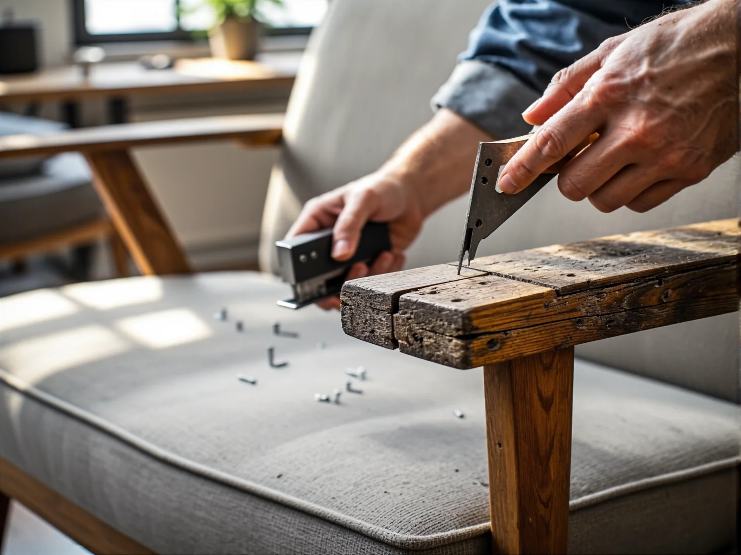 Narzędzia ułatwiające usuwanie starej tapicerki z fotela, takie jak wyciągacz do zszywek i kombinerki.