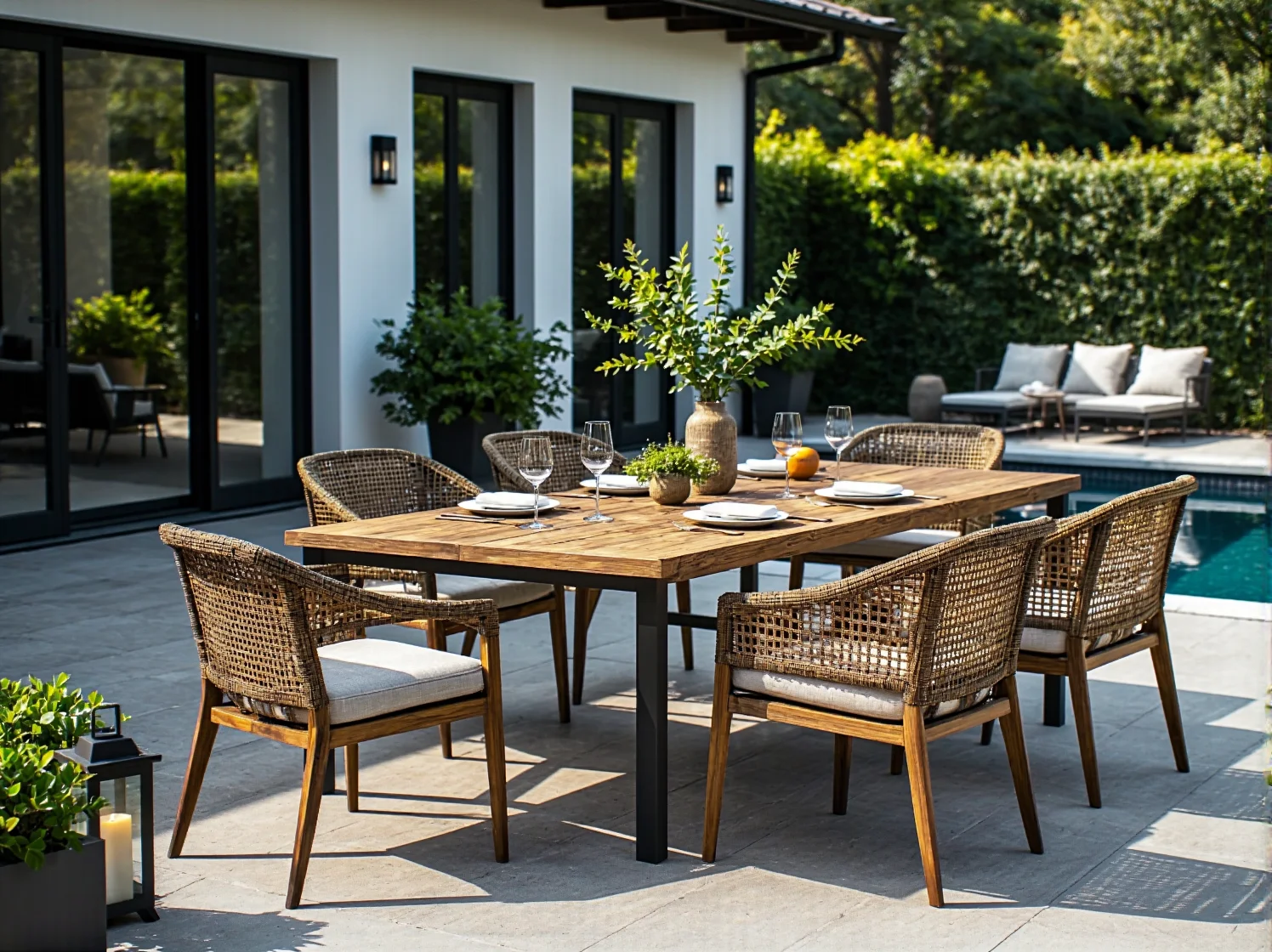 Nowoczesny zestaw wypoczynkowy do ogrodu z wodoodpornymi poduszkami, aranżacja przy basenie.