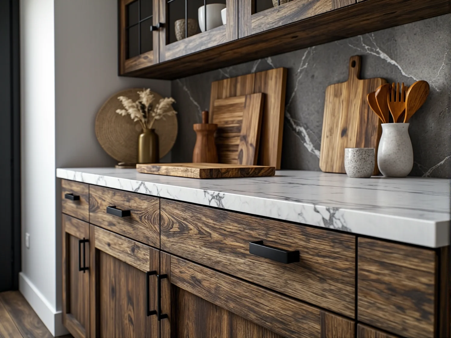 Drewniane belki sufitowe kontrastujące ze złotym okapem i eleganckimi szafkami w kuchni rustykalnej glamour.